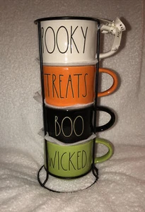 Rae Dunn 4pc Halloween Mugs With Wire Rack Spooky Decorative Collection Items - Picture 1 of 10