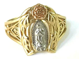 GOLD 14k Ring Virgin Mary Lady Guadalupe Rose White Yellow size 7 ask 5 6 8 9 - Picture 1 of 12
