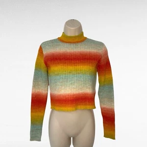 Bershka Cropped Rainbow Knitted Jumper Pastel Colours Size Medium - Picture 1 of 3