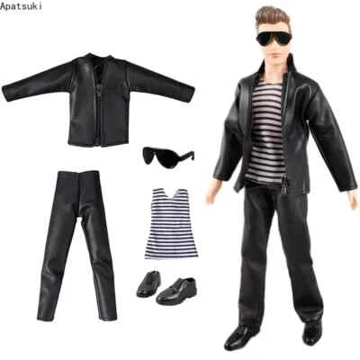 Black Leather Fashion Clothes Outfits For Ken Boy Doll Jacket Vest Pants Shoes - Image 1 of 4