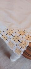 LOVELY VINTAGE COTTON WHITE TABLECLOTH WITH CROCHETED YELLOW/WHITE CORNER LACES