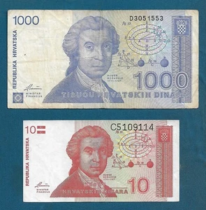 Croatia banknotes, 1000 Dinara 1991. + 10 Dinara 1991. Croatian Dinar HRD 2 PCS - Picture 1 of 2