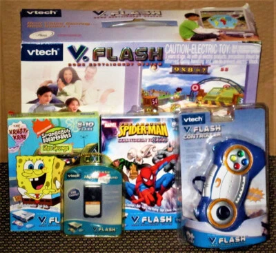Vtech V.Flash Edutainment Video Game System Spongebob Spiderman V.Discs Bundle++ - Image 1 of 4