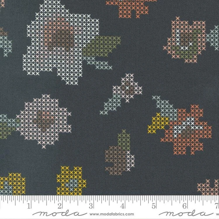 Moda Fabric - Dawn On The Prairie - Charcoal Ni - Cross Stitch Florals - Sold by - Image 1 of 1