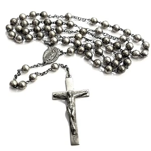 Vecchia Collana Rosario Vintage O Antica TUTTA Argento Sterling Perline Lisce e Croce - Foto 1 di 4