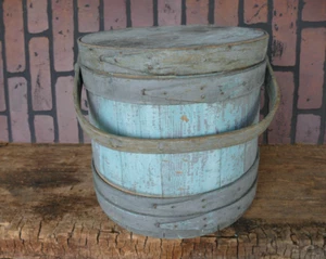 antique primitive firkin 19th c gray paint over robins egg blue 11 3/4 top dia. - Picture 1 of 10