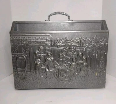 Vintage Embossed Hammered Brass & Wood Divided Magazine Rack Holder  - Image 1 of 4