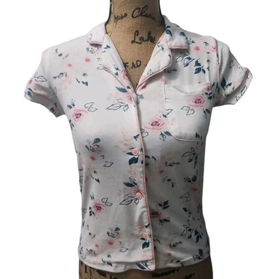 Tahari Girl Floral Pajama Top Button Up Short Sleeve Pink Trim Size 7/8 - Image 1 of 3