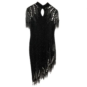 Kamsau Black Fully Beaded Asymmetric Fringe Flapper Style Occasion Dress UK L - Picture 1 of 11