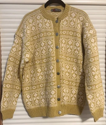 Norsk Husflid Cardigan Large (see Desc)Norway Nordic Wool Handmade Gold & White - Image 1 of 4