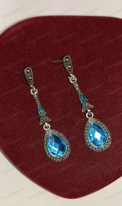 PENDIENTES Estilo Victoriano Estilo Vintage Lágrima Imitación Azul Gema Plata Antigua - Imagen 1 de 7