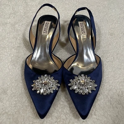 Badgley Mischka Rhinestone Pumps Slingback Kitten Heels Navy Embellished 11 - Image 1 of 4