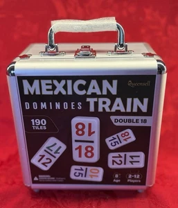 Double 18 Dominoes Set–Mexican Train Game w/ Wooden Hub & Metal Carry Case NEW! - Picture 1 of 20