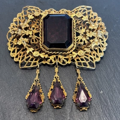 Vintage Antique Czech Amethyst Glass Dangles Brooch Gold Plated Ornate J9 - Image 1 of 4