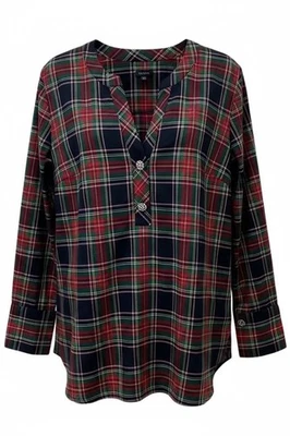 Talbots 100% Cotton Blouse Tunic Tartan Plaid Crystal Buttons Size L NEW - Image 1 of 4