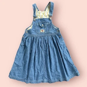Vintage Bib Overall Dress Girls Denim Blue Jean Jumper Pink Sz 5-6X 90s Pocket - Picture 1 of 3