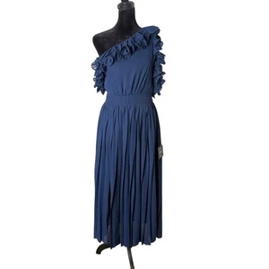 Lulus Ruffled Pleated One Shoulder Midi Dress Size M Blue Splendid Charisma NEW - Picture 1 of 15