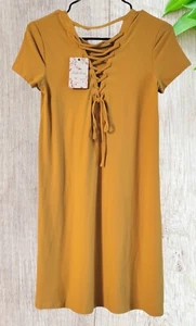 NEW Pink Rose A-line Shift Dress sz S Lace-up Back Short Sleeve Mustard Yellow - Picture 1 of 2