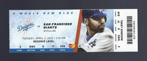 HYUN-JIN RYU MLB DEBUT - 2013 GIANTS @ LOS ANGELES DODGERS FULL TICKET - April 2 Cover