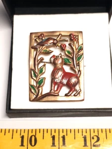 Antique 1800s Enamel Dog Bird Brooch Elongated Spring Clasp Gold-Toned - Picture 1 of 4