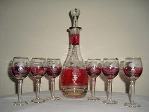 Vintage CRANBERRY / RUBY Decanter & 6 Goblets / Shot Glasses SET, Etched GRAPES - Picture 1 of 7