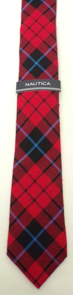 Gravata masculina nova com etiquetas NAUTICA vermelha preta e azul xadrez 100% algodão skinny gravata - Imagem 1 de 3