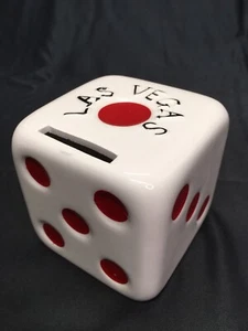 Las Vegas Lucky Dice Shaped Piggy Money Coin Bank White Red 3 1/4” Square  - Picture 1 of 6