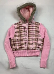 girls jacket size 10 fashion pink plaid with knit sleeves hooded full zipper - Picture 1 of 3
