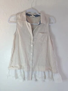 Top senza maniche con bottoni orlo e filo taglia small panna marrone plaid strato colletto - Foto 1 di 16