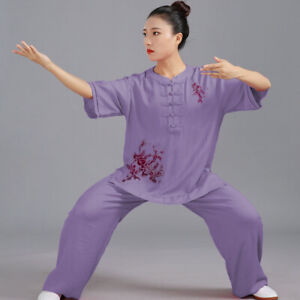 Womens Martial Arts Tai Chi Uniform Loose Kung Fu Suit Sets Flower Embroidery 