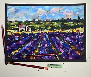 Original soft pastel painting Lavender flowers art Provence landscape 10" by 14" - Picture 1 of 4