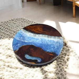 Round Blue Epoxy Resin Coffee & Sofa Center Table Acacia Wood Luxury Centerpiece - Picture 1 of 9