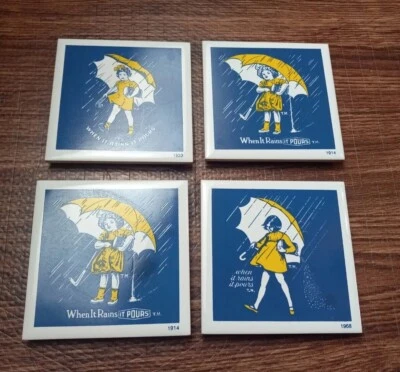 Morton Salt When it Rains it Pours 4 Tiles Trivets Coasters 1914, 1933, 1968 - Image 1 of 4