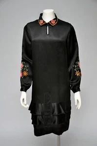 Antique 1920s Black Satin Shift Dress CHENILLE Floral Embroidery Collar XS-M - Picture 1 of 7
