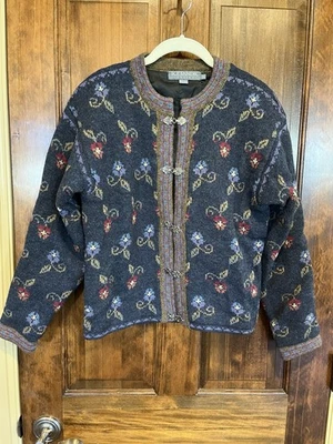 Vintage Icelandic Design Blue Floral S Wool Lined Nordic Toggle Cardigan Sweater - Image 1 of 4