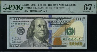 PAIR 2021 $100 FRN QH35555555-35555553A P.M.G #67EPQ - Image 1 of 4