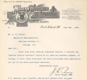 1900 LETTERHEAD ROCK ISLAND ILLINOIS CW HAWES JE PENRY Moderner Woodman of America - Bild 1 von 1