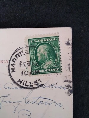 Benjamin Franklin One Cent USPS Stamp Early 1900s Green Valentine Postcard PA Ha - Image 1 of 4