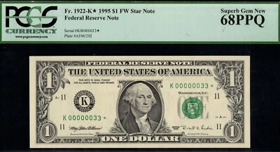 1995 $1 FRN K00000033* STAR P.C.G.S #68PPQ - Image 1 of 3