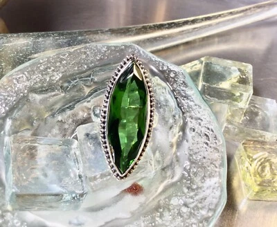 Anillo de piedras preciosas de obsidiana creadas verdes de plata de ley 925 genuina talla 8 Foto 1 de 4