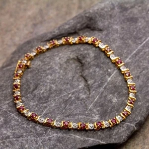 4Ct Round Cut Simulated Red Ruby Women's Tennis Bracelet 14K Yellow Gold Plated - Picture 1 of 5