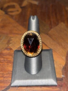 Vintage Trachten massiver Parfüm Ring goldfarben verstellbar dunkler Bernstein Stein voll - Bild 1 von 8