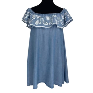 Rebecca Minkoff Dev Kleid Größe Small Schulterfrei Rüschen Chambray Bestickt - Bild 1 von 8