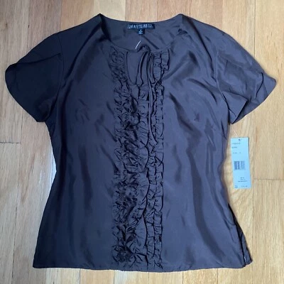 Lafayette 148 Silk Y2K Blouse Ruffle Keyhole Neck Size 4 Old Money Luxury $178 - Image 1 of 4