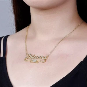 Personalized Name With Heart Design Pave Set Moissanite 14K Yellow Gold Necklace - Picture 1 of 5