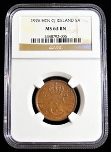 Iceland: Christian X 5 Aurar 1926-HCN MS63 BN NGC. - Picture 1 of 2