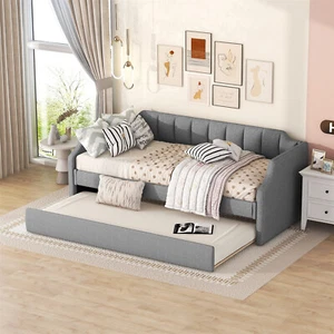 Tagesbett Schlafsofa Polsterbett Gästebett Sofa Bettgestell mit Ausziehbett Grau - Bild 1 von 15