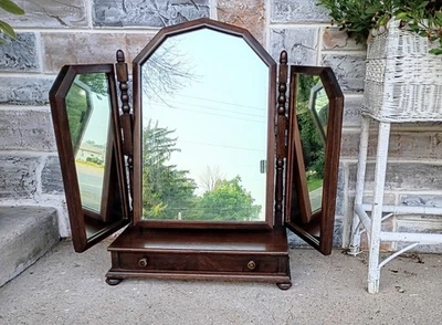 Antique Vintage Walnut? 3 Panel Folding Tilting Dresser Vanitiy Mirror w/ Drawer - Image 1 of 4