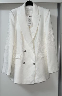 ZARA OYSTER WHITE LAPEL COLLAR DOUBLE-BREASTED JACQUARD BLAZER SIZE M BNWT - Image 1 of 4
