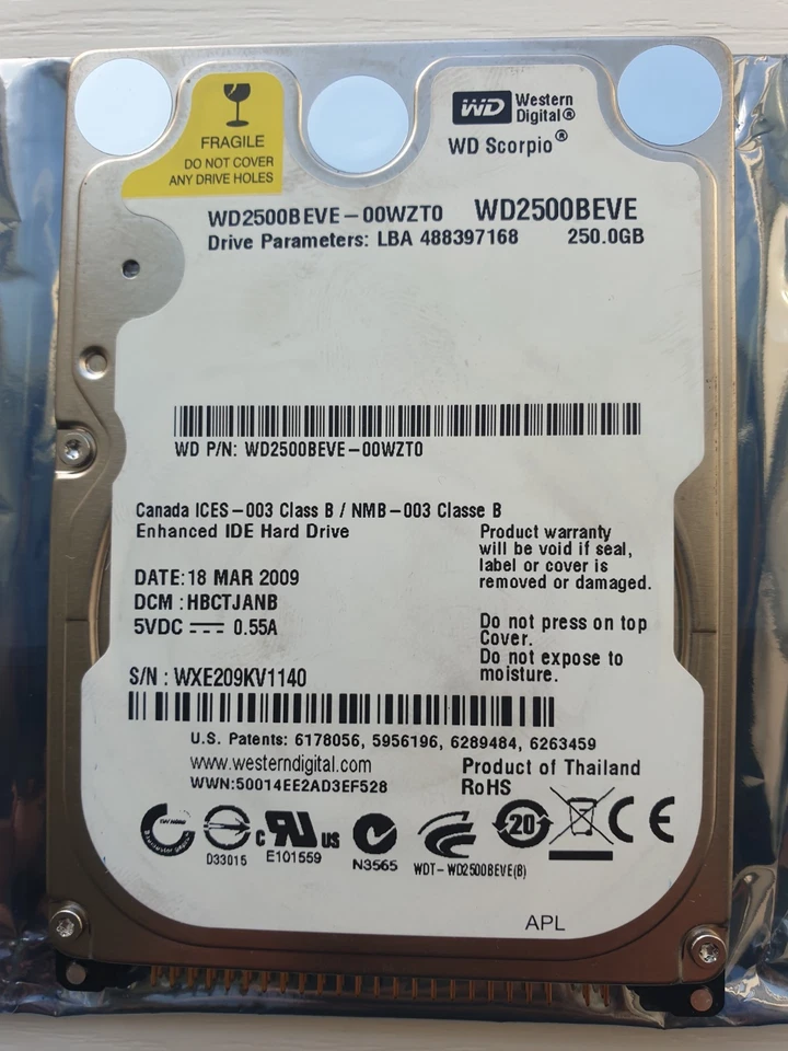 Western Digital 250GB WD2500BEVE-00WZT0 2.5" IDE HARD DRIVE WD - DCM: HBCTJANB - Image 1 of 1